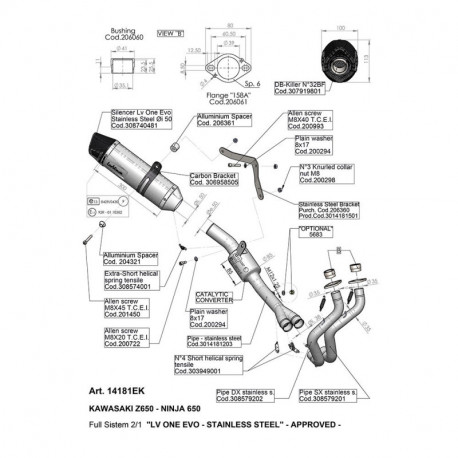 SBK LV ONE EVO 2/1 KAWASAKI Z 650/NINJA 650 INOX with catalyst FULL SYSTEM 14181EK