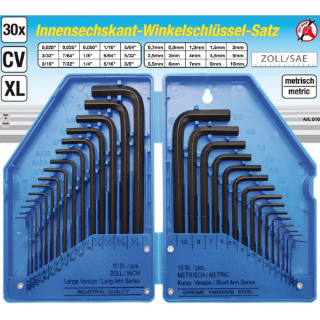 Winkelschlüssel-Satz, Innen-6-Kant, Zoll + metrisch, 30-tlg.