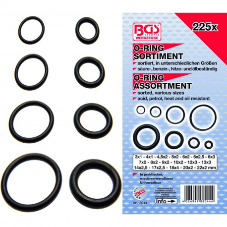 O-Ring Sortiment, 3-22 mm Ø, 225-tlg.